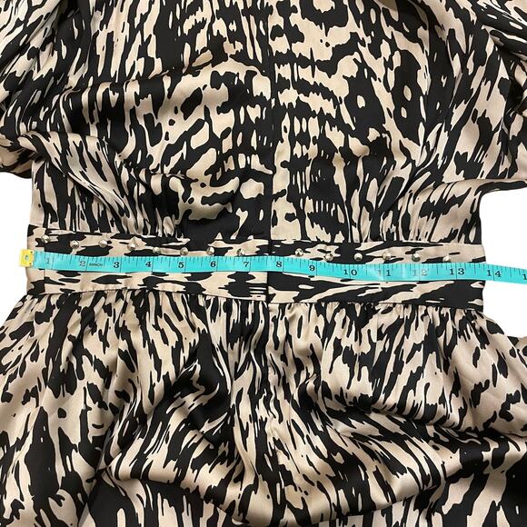 Sandro Paris Printed Black + Cream Silk Mini Dress 2 | Pockets Studded Rare NWOT - Picture 11 of 15